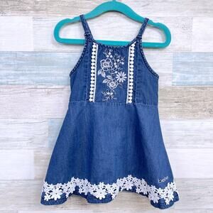 Bebe Girls Chambray Floral Lace Fit & Flare Dress Blue Cotton Casual Toddler 2T